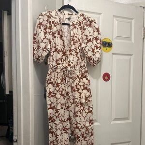 Floral Puff-Sleeve Jumpsuit in Cream & Brown